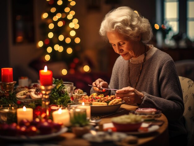 Пожилая женщина сидит за рождественским столом и смотрит на свой телефон.