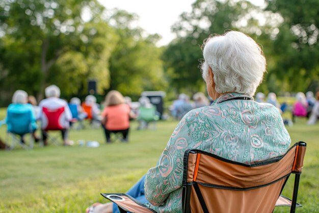 Elderly lady sits peacefully while watching a live performance outdoors surrounded by audience