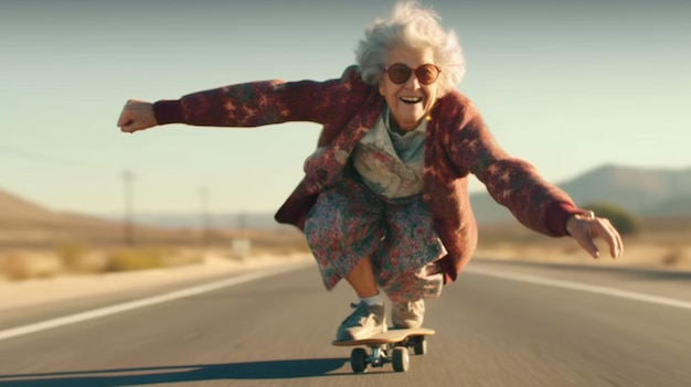 An elderly lady skates on the road Generative AI