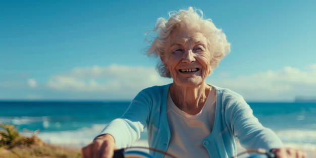 An elderly lady takes a bike ride on the coast Generative AI