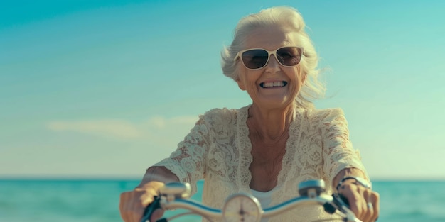 An elderly lady takes a bike ride on the coast Generative AI