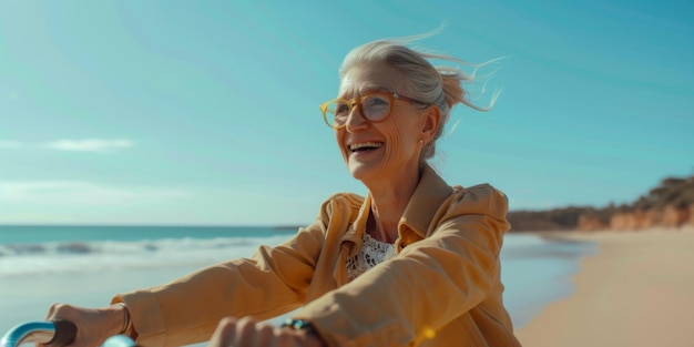 An elderly lady takes a bike ride on the coast Generative AI