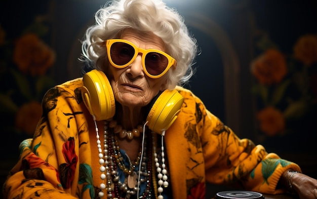 Elderly Lady Wearing Yellow Sunglasses DJ Generative Ai