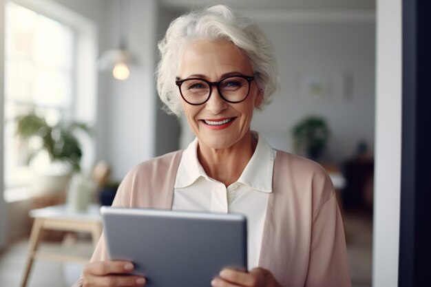 Elderly lady with glasses smiling using a tablet at home browsing internet or watching videos