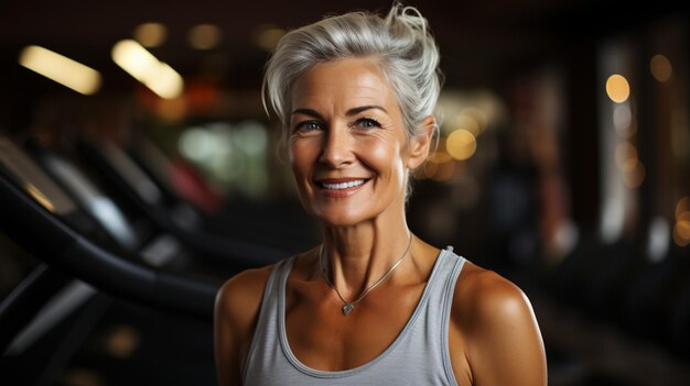 Photo elderly lady with headphones sitting at gym