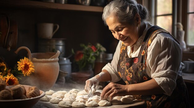 An elderly Latin lady prepares homemade bread in her kitchen