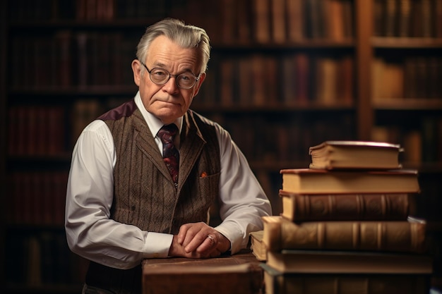 Elderly Librarian Guardian of Timeless Tales Amidst Mahogany