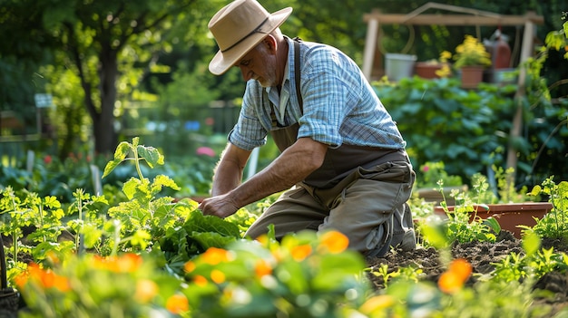 An elderly male gardener wearing a hat and apron is kneeling in a lush vegetable garden