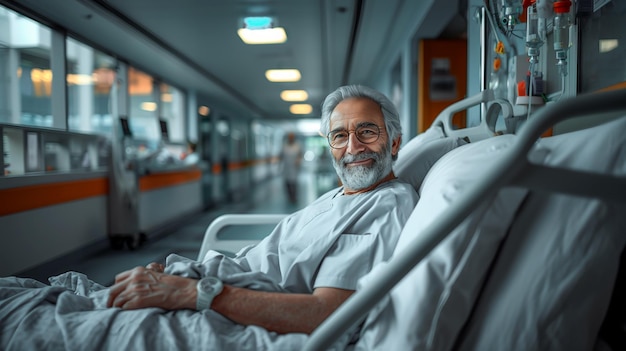 Elderly male patient with a positive expression resting comfortably in a hospital bed