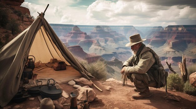 Photo an elderly male tourist with a tent and a fire sits against the backdrop of the grand canyon extreme