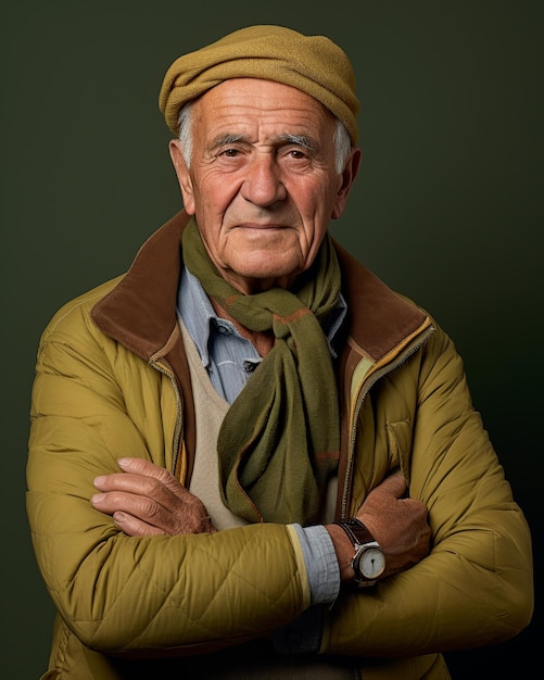 写真 オリーブ グリーンにジャケットの襟を調整する老人の興味をそそられた表情