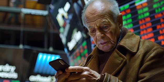 Foto uomo anziano con un cappotto di lana marrone che guarda il suo telefono generativo ai