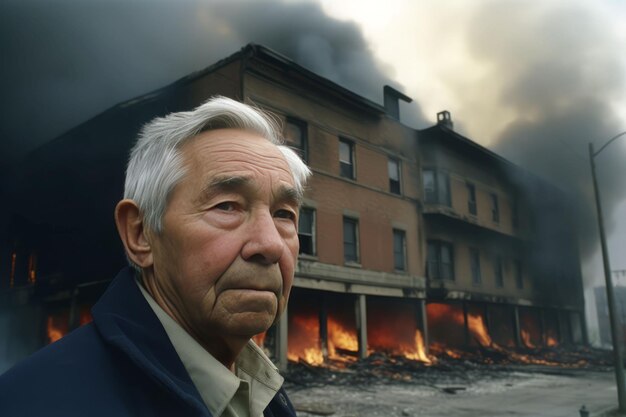 Пожилой мужчина разжигает пожар Городское пламя Генерирует Ai