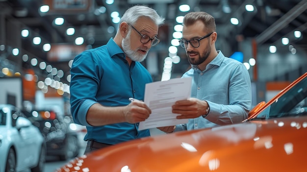 An elderly man in a car dealership selecting a vehicle in a showroom with empty space Generative AI