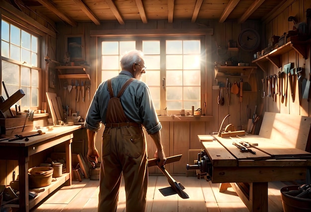 Foto un uomo anziano un falegname che lavora nel suo laboratorio
