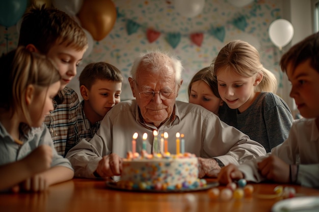 Elderly Man Celebrating Birthday with Grandchildren