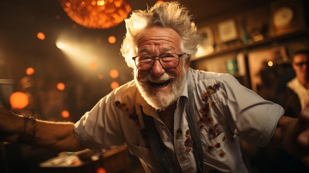 Photo elderly man dancing at home