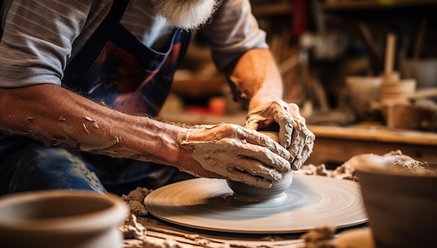 An elderly man engaged in pottery shaping clay dishware The concept of craftsmanship and old age