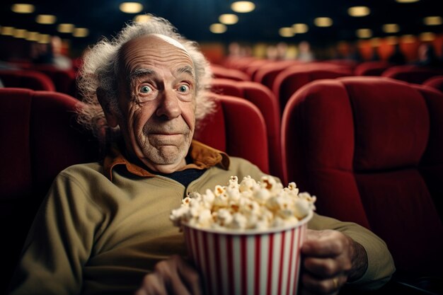 Foto un uomo anziano si diverte in un cinema con popcorn generativo di ai