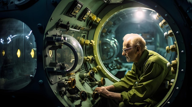 写真 海軍博物館で潜水艦を探索する高齢男性