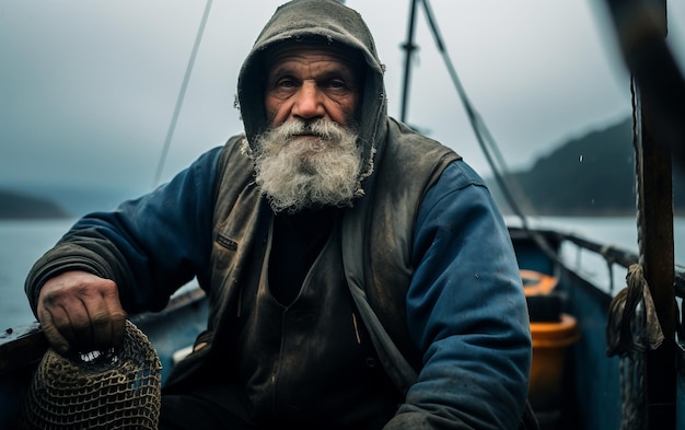 Foto uomo anziano con attrezzi da pesca