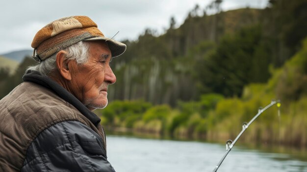 Foto un uomo anziano dell'oceania con un'espressione serena e una canna da pesca sta pescando su un silenzioso lago in nuova zelanda