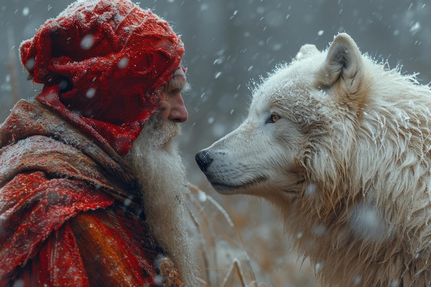 Photo an elderly man in front of a wolf in nature