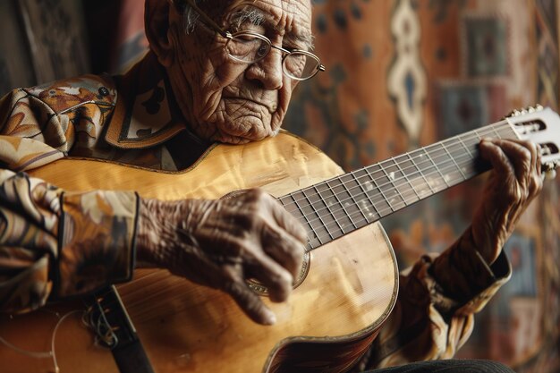 Foto un uomo anziano suona dolcemente la chitarra la saggezza della sua vita risuona nella musica