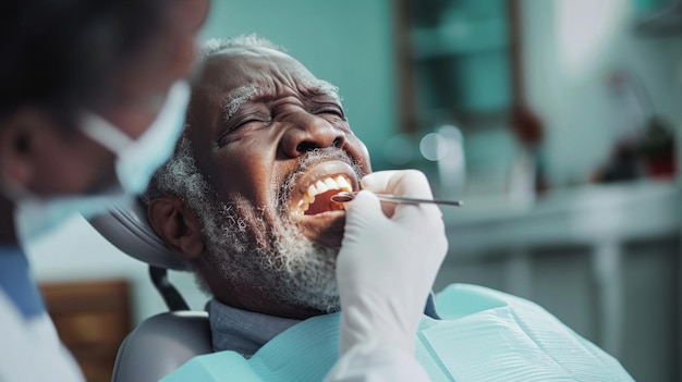 Elderly Man Getting Dental Treatment With Toothbrush in His Mouth