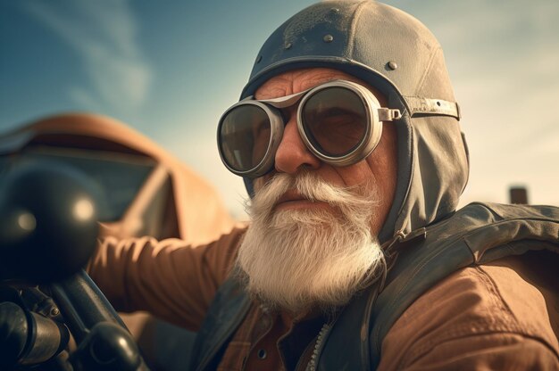 Elderly man goggles riding with grey beard Locate couple motorbike elder confident Generate Ai