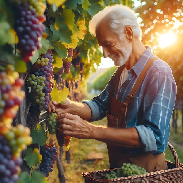 Пожилой мужчина собирает виноград в винограднике во время раннего осеннего урожая