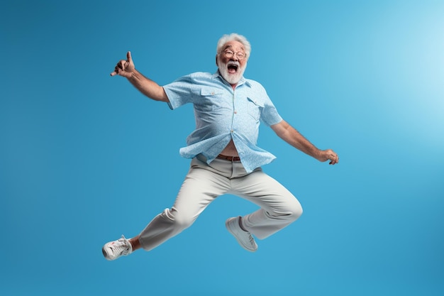 Photo elderly man happy dance on bokeh style warm background