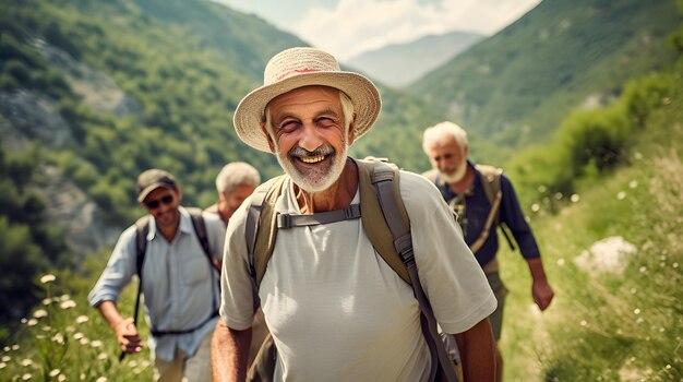 Elderly man hiking with a group in a mountainous national park