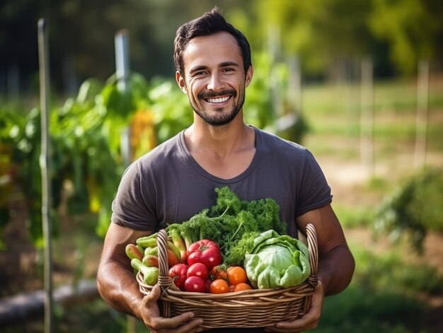 Foto un uomo anziano in possesso di un cesto di verdure un anziano in pensione nel suo giardino con un raccolto di verdure biologiche