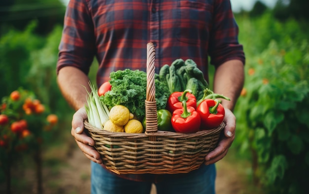 野菜の入ったバスケットを持つ老人男性 庭で有機野菜を収穫した退職した老人男性