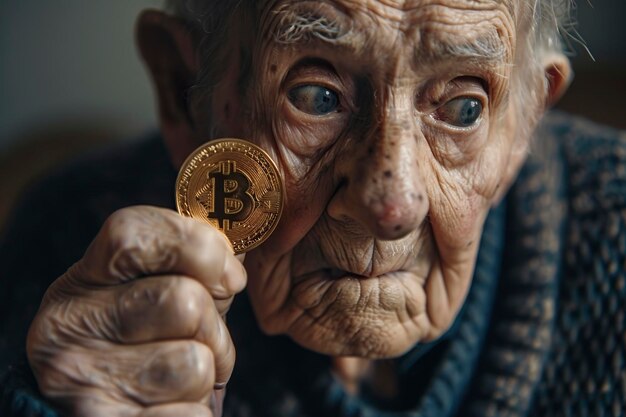 Elderly Man Holding Bitcoin