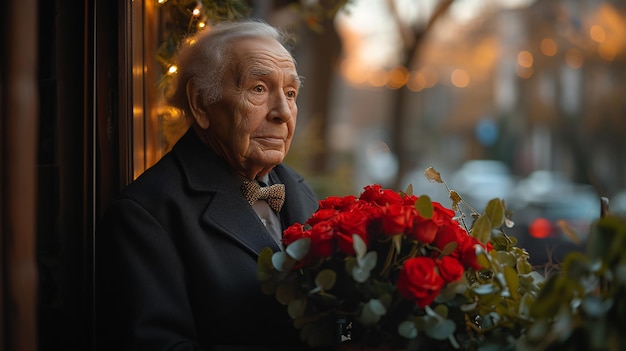 Elderly Man Holding a Bouquet of Red Roses by a Window Illuminated City Street in the Evening