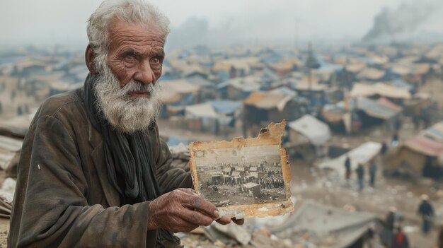 Elderly man holding a burnt photograph in a refugee camp World Refugee Day