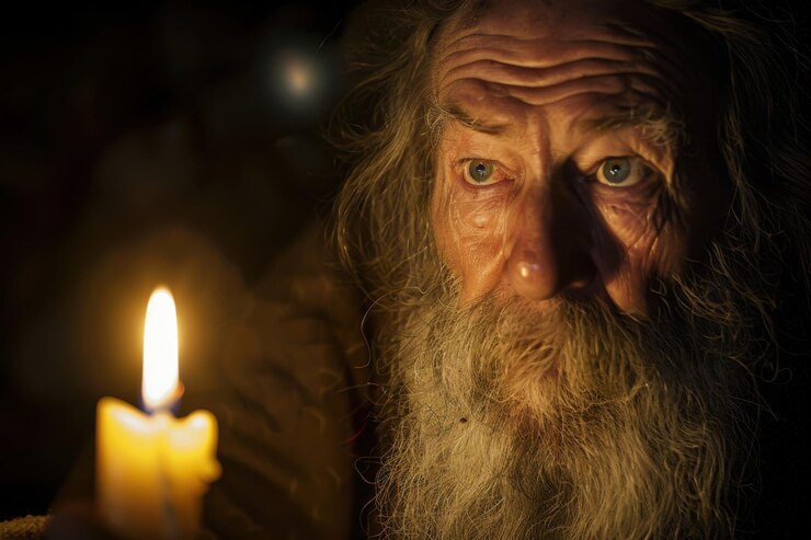 Elderly Man Holding a Candle A Reflective Portrait of Spiritual Light and Wisdom in Old Age