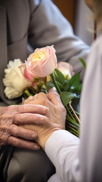 Foto un uomo anziano con un fiore in mano