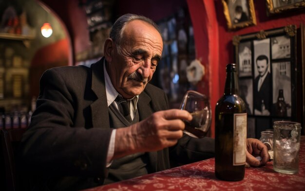 Foto uomo anziano con un bicchiere di vino