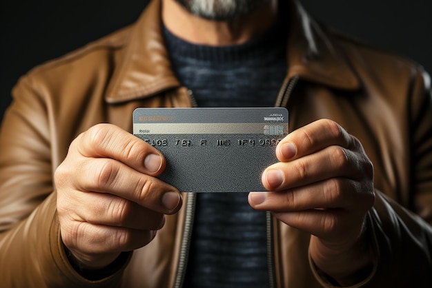 Photo elderly man holding a plastic bank card