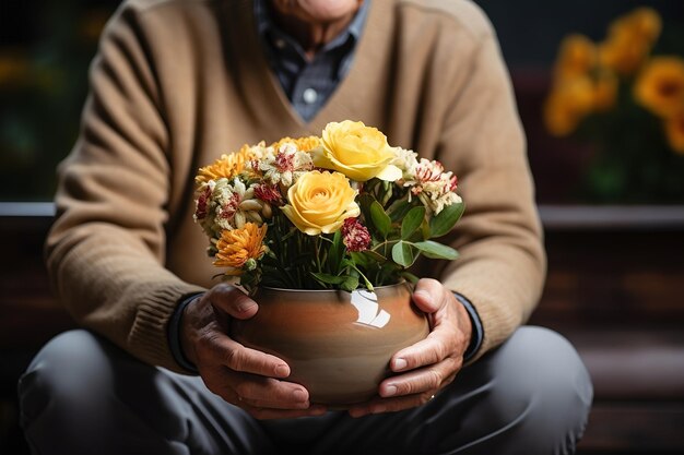 Photo elderly man holding a pot with flowers in his hands loneliness concept ia generated