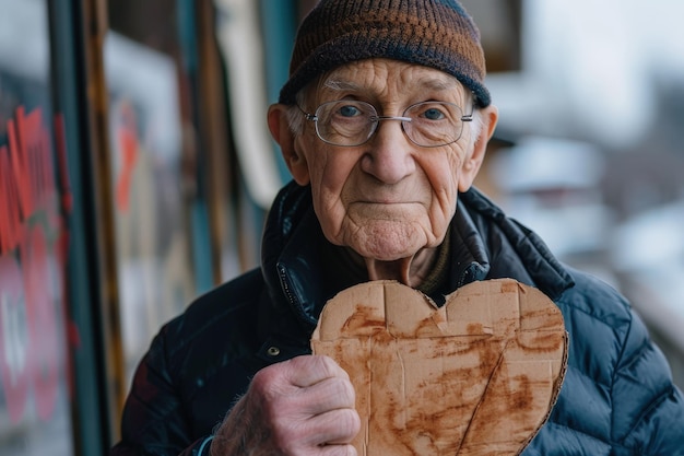 Elderly Man Holding Wooden Heart