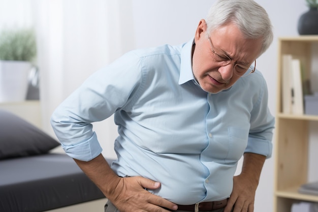 Photo an elderly man holds his stomach in pain