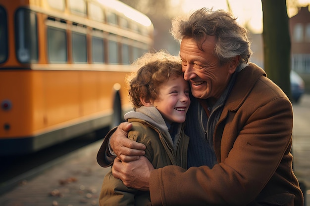 An elderly man hugs a child with a school bus in the background