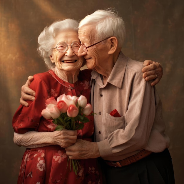 An elderly man hugs an elderly woman