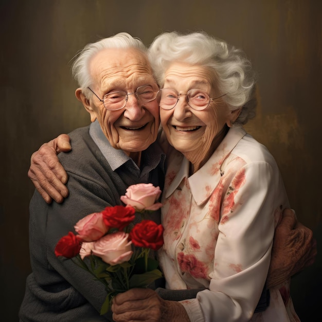 An elderly man hugs an elderly woman