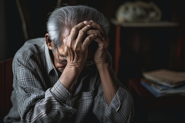 写真 困惑 し て いる 高齢 の 男性 は,社会 的 な 孤立 の 中 で 片頭痛 を 乗り越え て い ます