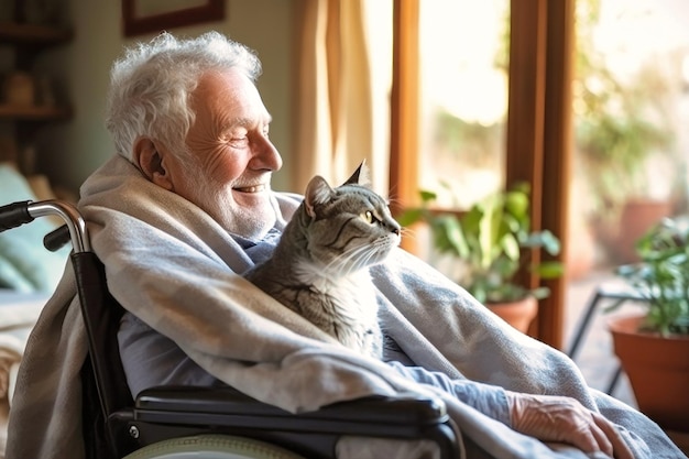 写真 車椅子 に 乗っ て いる 老人 が 猫 を 抱っ て いる